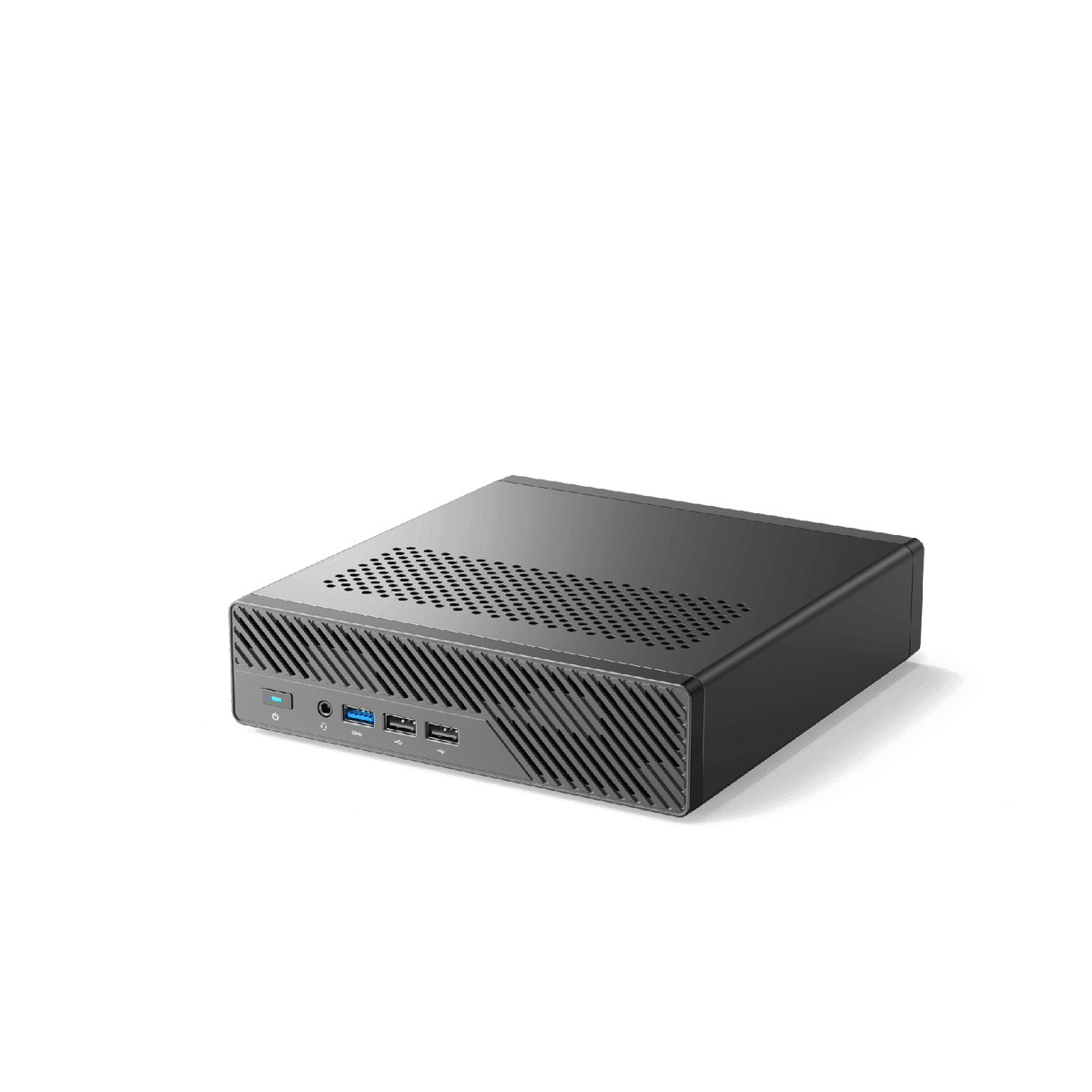 Mini-PC Minisforum MS-01 SE noir vu de trois quarts, avec sa façade et ses ports USB visibles